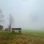 Auf einen einsamen Weide steht eine verlassene Bank im Nebel